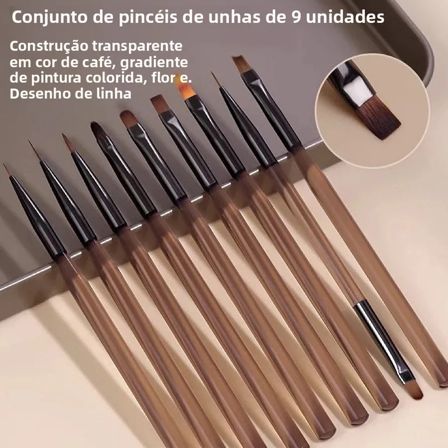 Conjunto de pincéis para unhas, 9 peças, pintura de linhas finas, canetas de trabalho, alças marrons elegantes, kit de ferramentas para arte em unhas em gel para uso profissional e doméstico