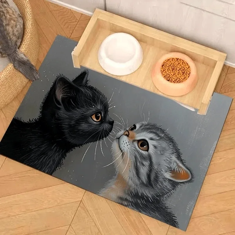 Pet Food Mat Cat Pattern Absorbent Pad Double Cat Realistic 