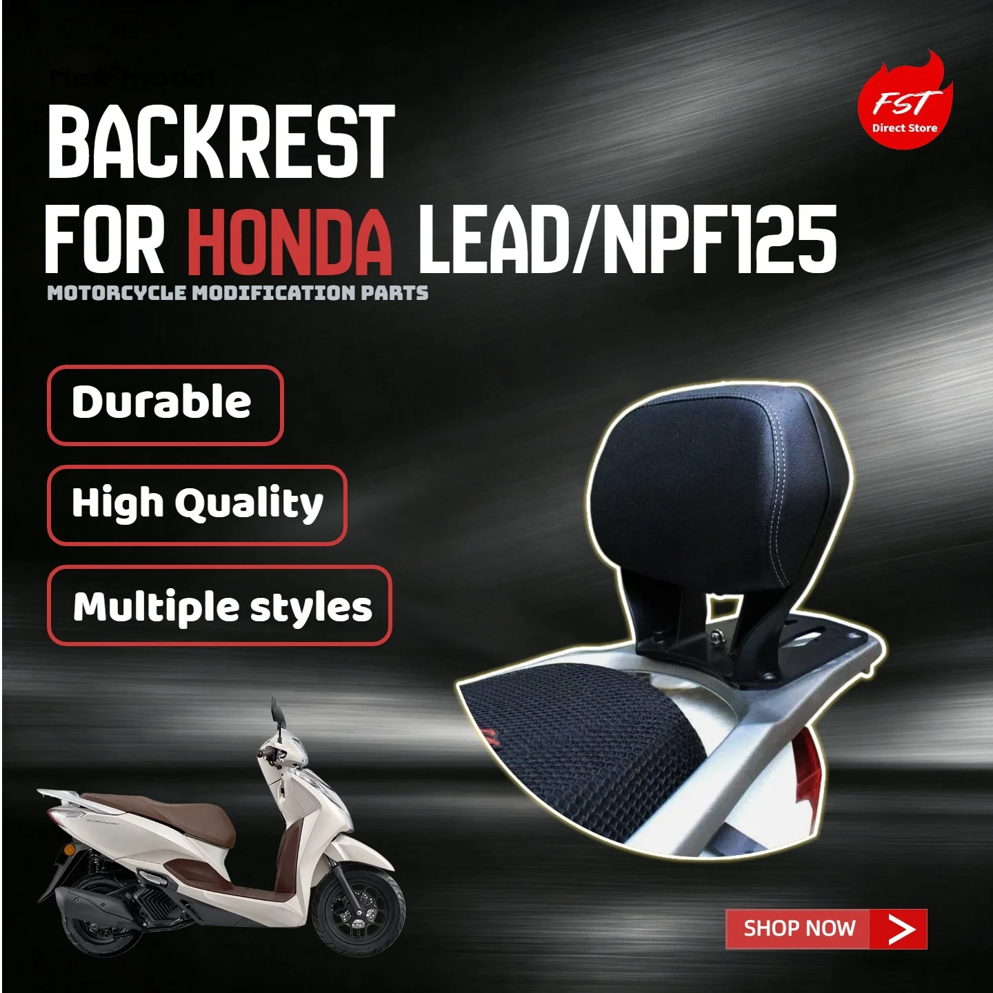 For HONDA LEAD 125 / NPF125 Rear Backrest, No‑Drill Installation Custom Motorcycle Mod Parts