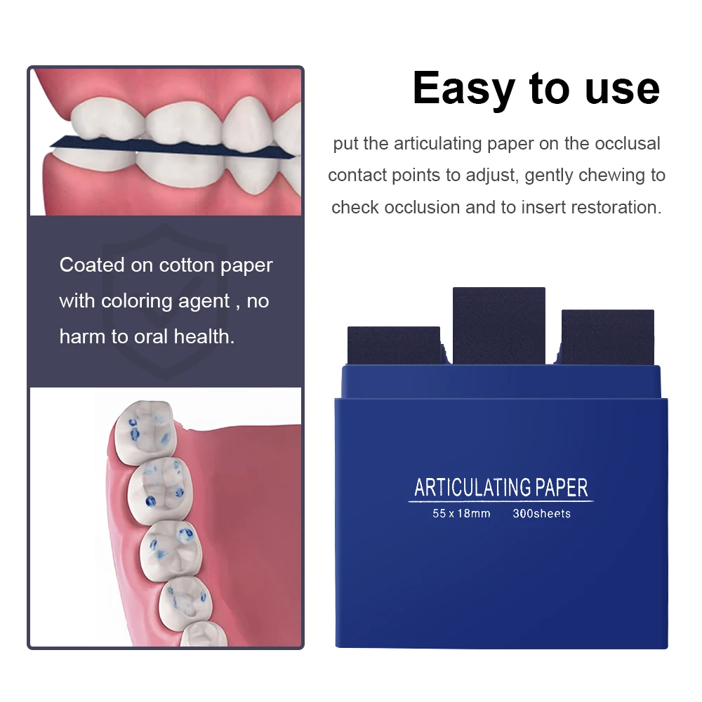 Premium Blue Articulating Paper for Dentists,300-Sheet,1.0mm,Jaw Adjustment,Denture Relining, Teeth Occlusion,Size 55*18mm