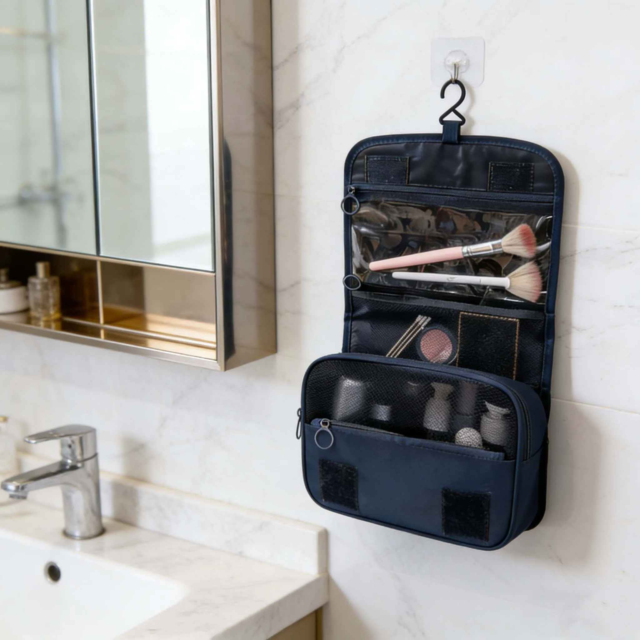 Neceser negro colgado en baño con bolsillos interiores