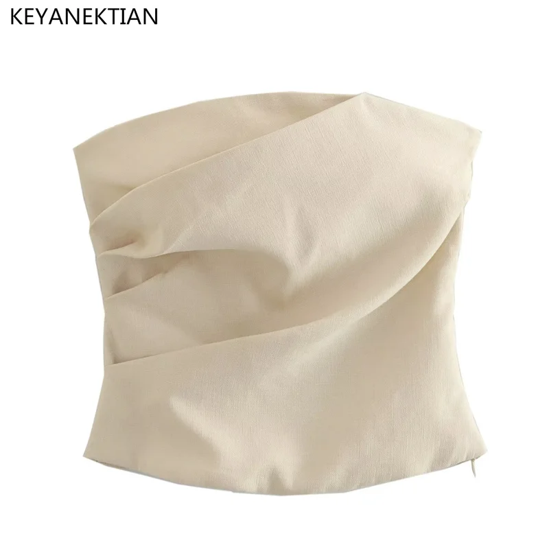 KEYANKETIAN Summer New Blend Fabric Texture Pleats Embellished Chest Wrap Vest Women Beige Tight Short Zipper Bodice Thin