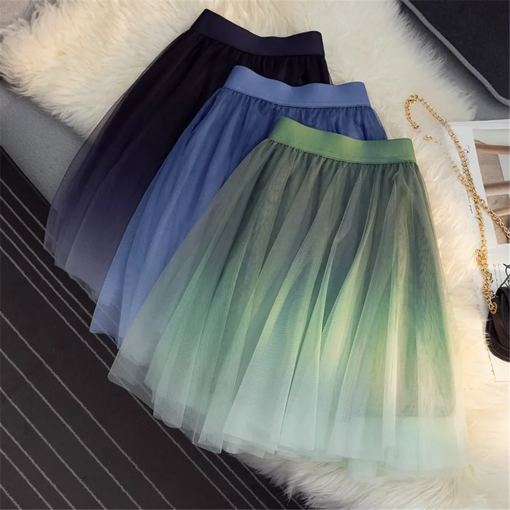 Women Skirt new Gradient Short Skirt Elegant Tulle Skirt Pleated Dance Tutu Skirts Mesh A-line Blue Purple Green Women's skirt