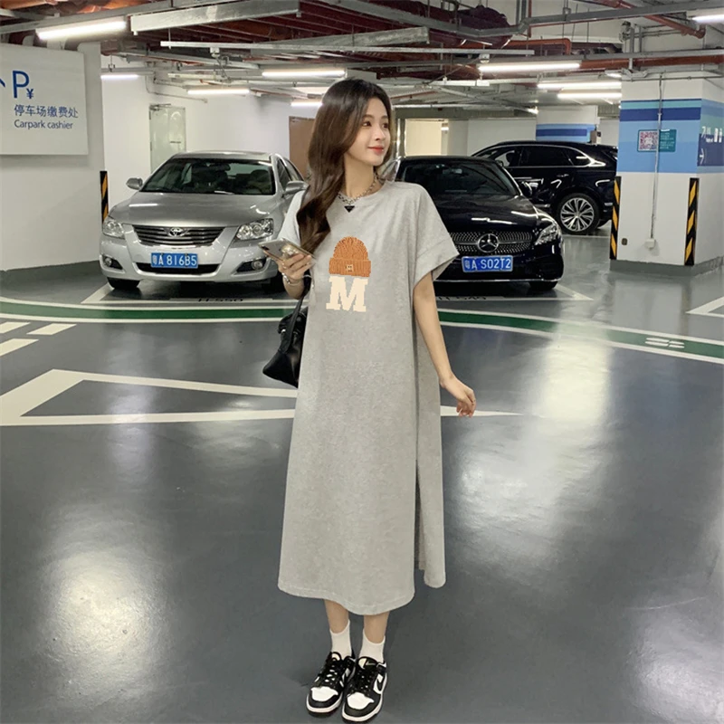 Women's Summer Casual Long T Shirt Dress, Slit Letter Print Sundress, Loose O Neck Tunic, Printed Basic Dresses, M-3XL, 4XL