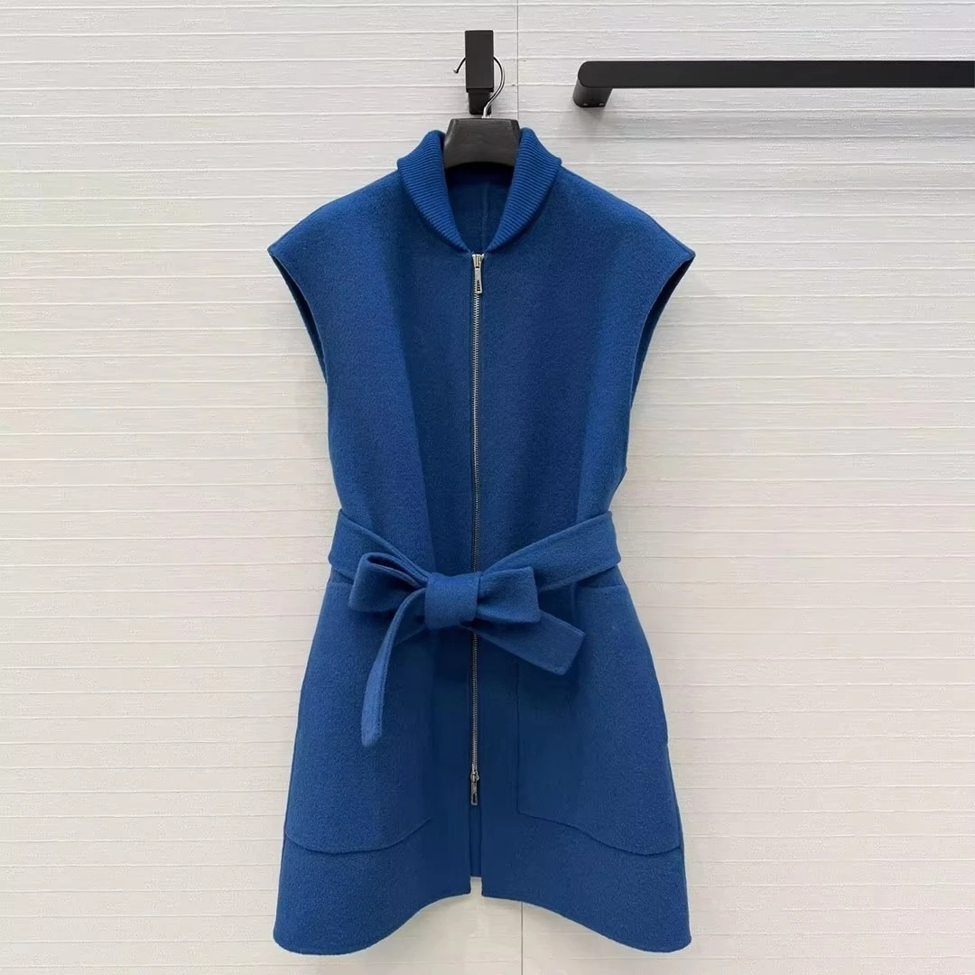 2026 New Fall Winter Double Sided Woolen Tank Coat Women Crew Neck Sleeveless Sheepskin Genuine Leather Slim Belt Chic Long Vest