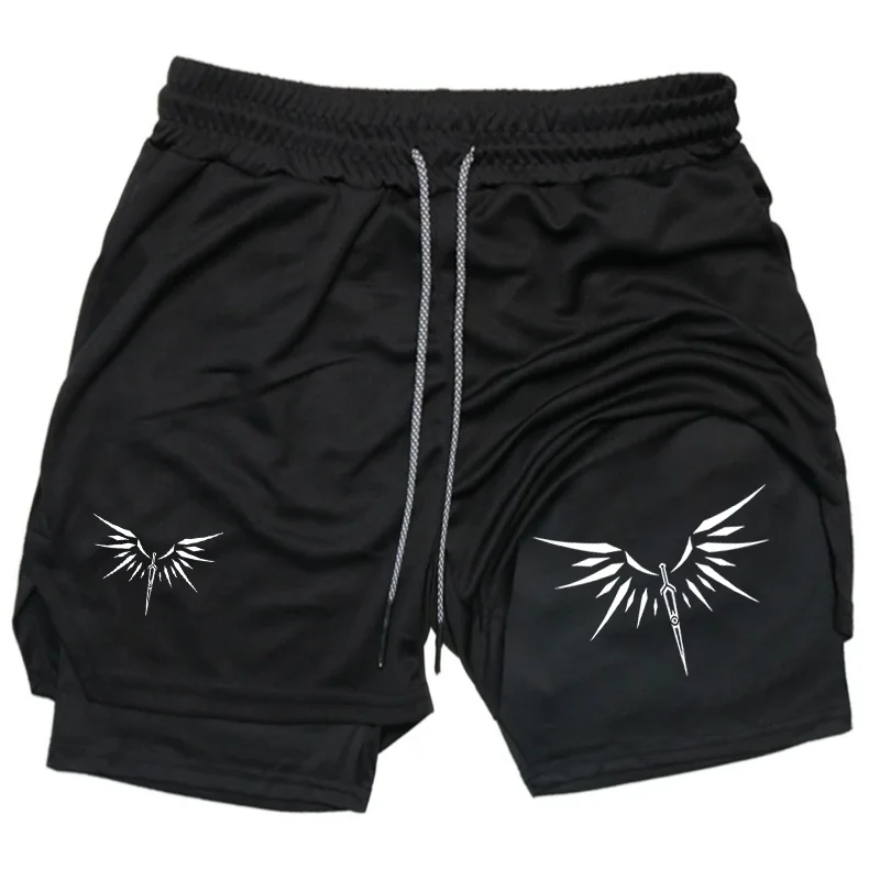 

Sword Print Y2k Men's 2-in-1 Shorts Training Fitness Phone Pocket Double-layer Quick-dry Summer Men Shorts