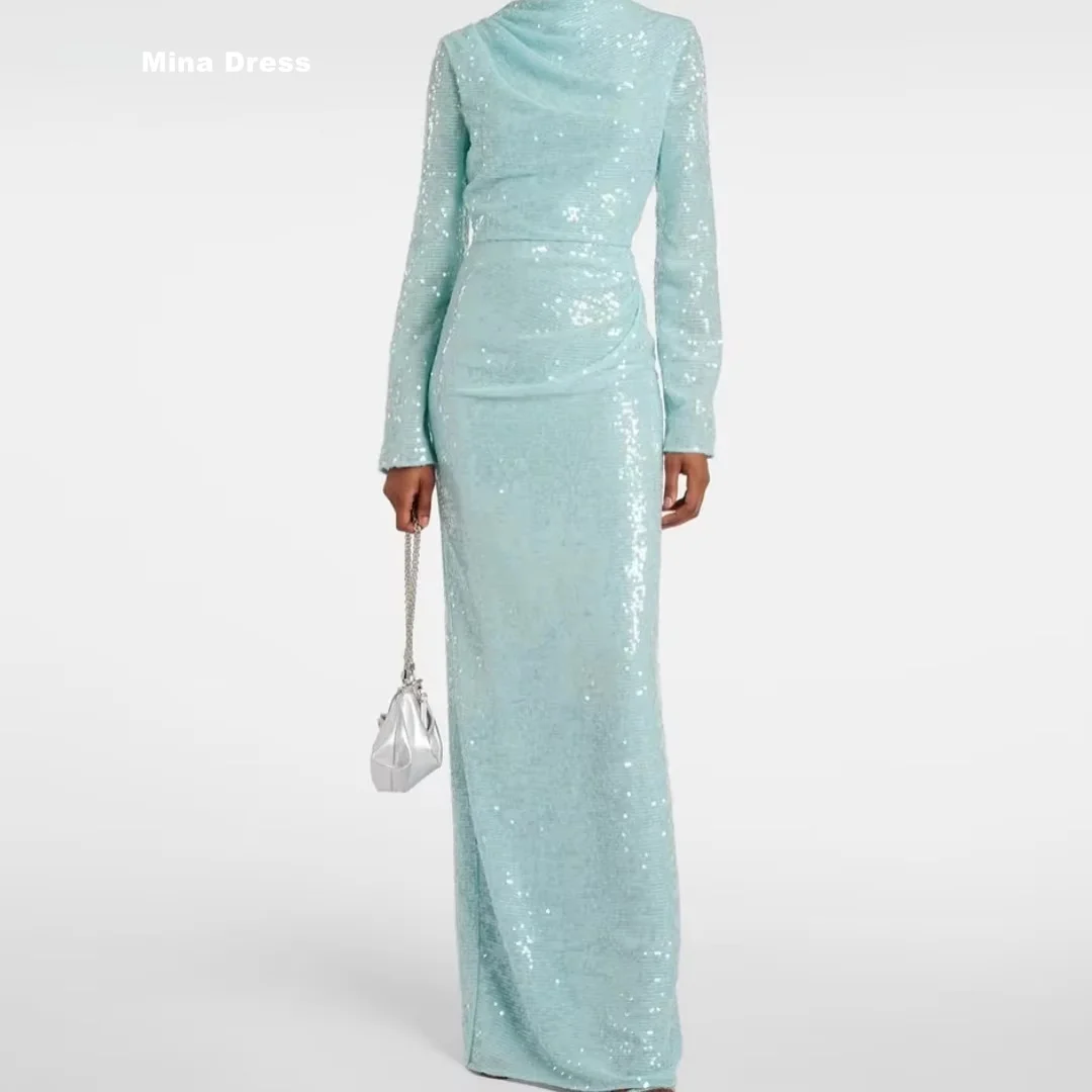 Mina Maßgeschneidertes Hellblaues Kleid mit Hohem Kragen, Langen Ärmeln und String-Panel, Bestseller für Besondere Anlässe, Rundhals-Abendkleid