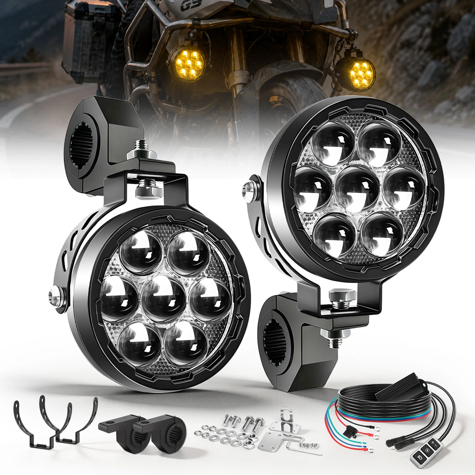 BraveWAY LED Motorrad-Zusatzscheinwerfer 7-LEDs Projektorlinse 3500K Amber+6000K Weiß Dual-Farbe Fern-/Abblendlicht/Kombinationslicht Stroboskop-Blitzlicht 12V 24V für Offroad-Einsatz