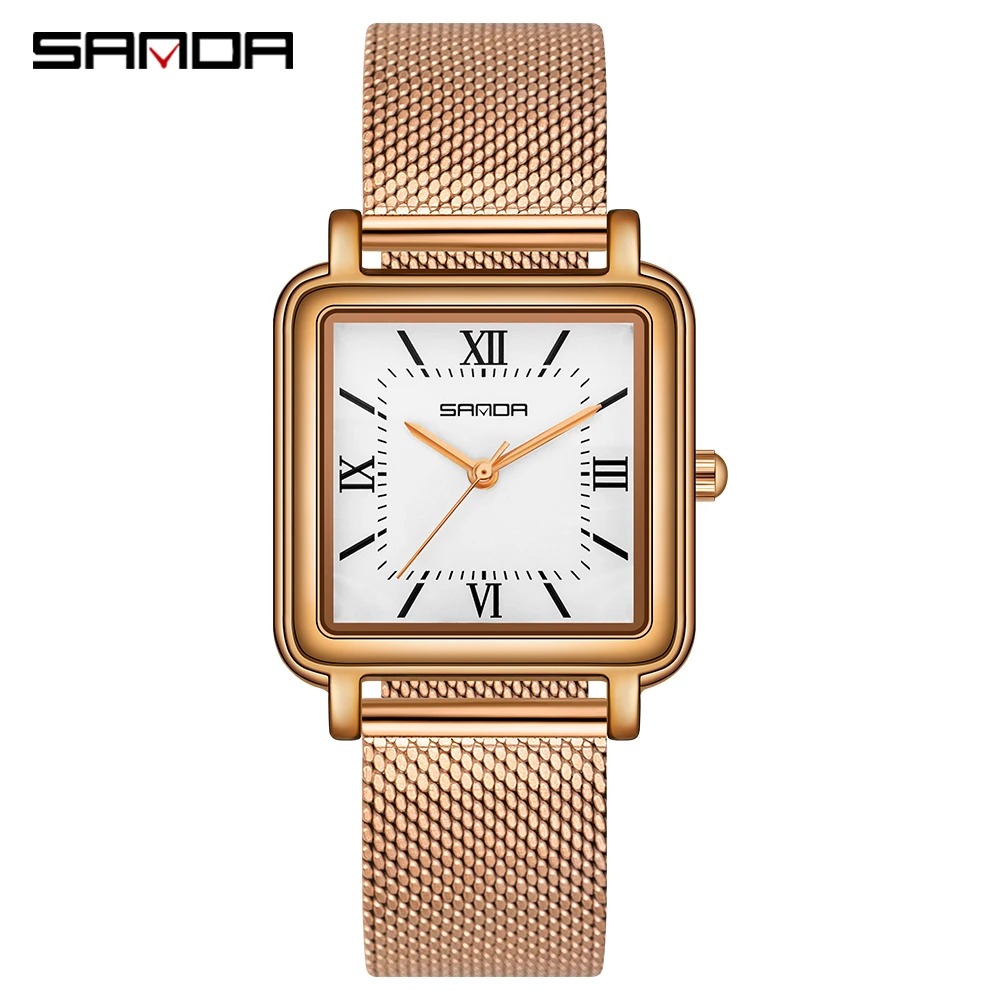 

Fashion Sanda Top Brand Ladies Watch Stainless Steel Luxury Woman Square Simple Rose Gold Quartz Wristwatch Relojes Para Mujer