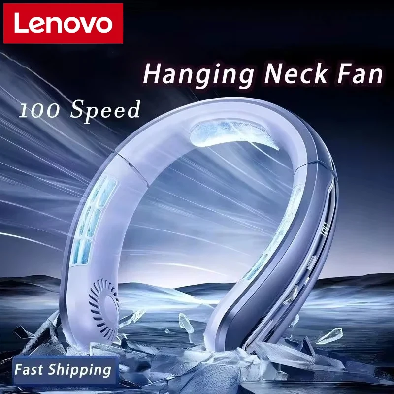 Lenovo Portable Mini Hanging Neck Fan Digital Display Power Bladeless Fan Neckband Air Cooler USB Rechargeable Fan Cooling Tool