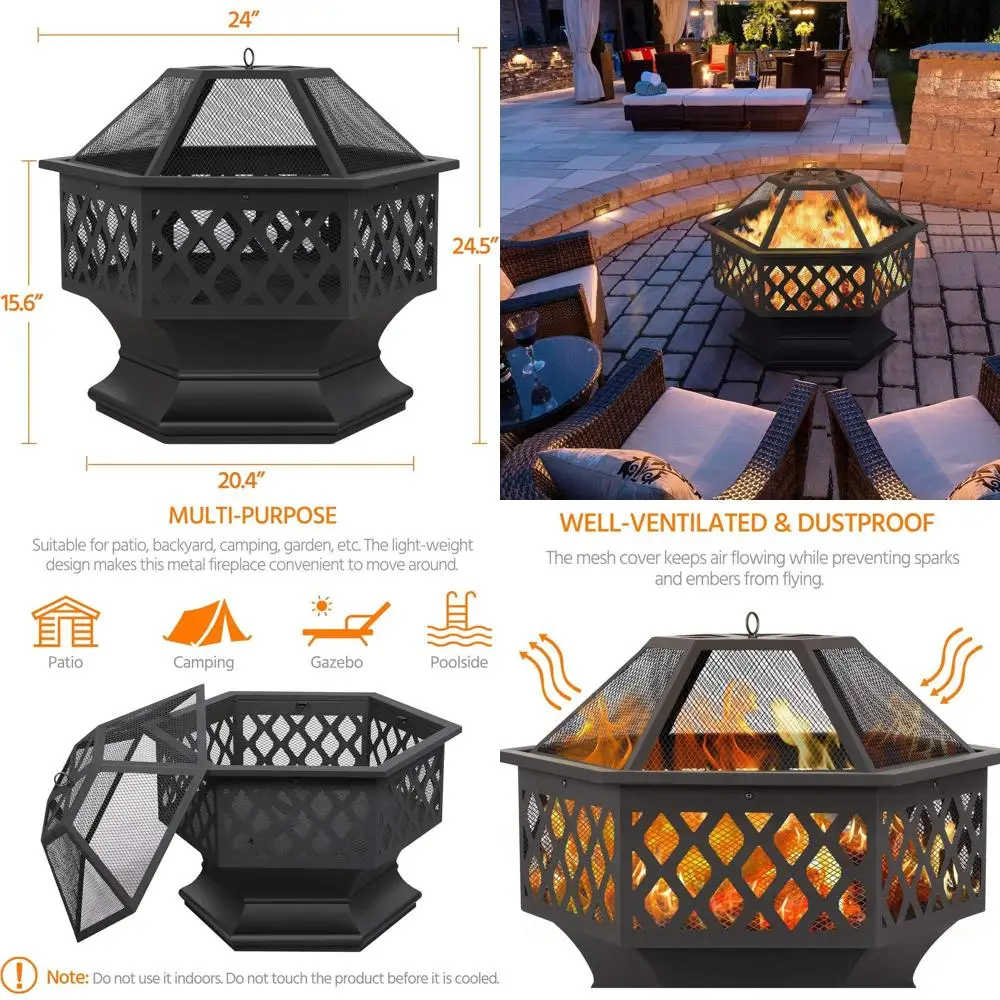 

24-inch Hexagonal Outdoor Fire Pit with Spark Screen and Poker for Backyard, Garden, Picnic, and Camping