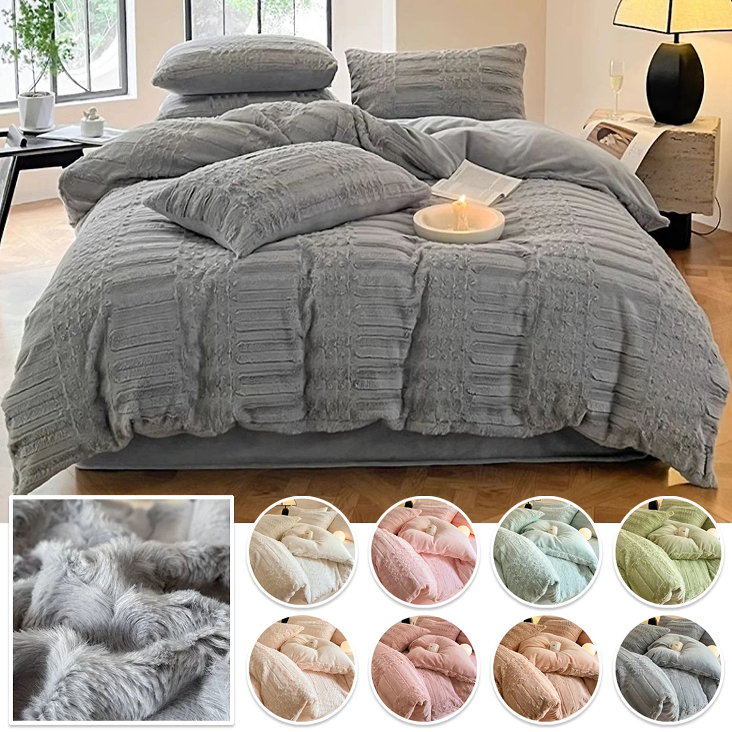 3/4PCS Solid Color Faux Rabbit Fur Duvet Cover Set Winter Super Soft Warm Bed Sheet Pillowcases Machine Washable Bedding Set