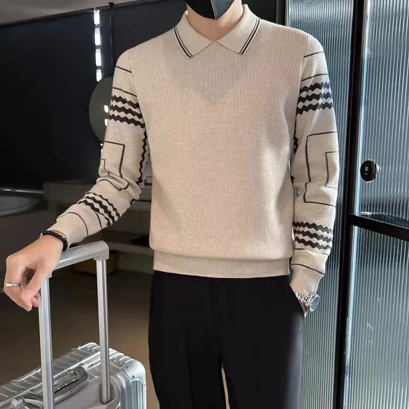 

Свитер с воротником-поло, мужской тонкий искусственный двухсекционный вязаный низ, рубашка, осенне-зимний модный контрастный топ с геометрическим рисунком