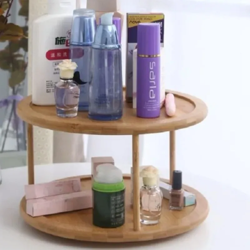 Bamboo turntable spice rack 2-layer bamboo kitchen counter top cabinet, rotary condiment storage box, cosmetics shelf