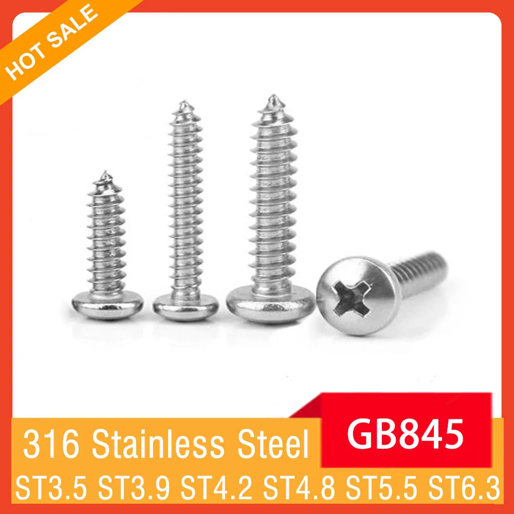 M3.5 M3.9 M4.2 M4.8 M5.5 M6.3 GB845 A4 316 Stainless Steel Cross Phillips Pan Round Head Self-Tapping Screws Bolts