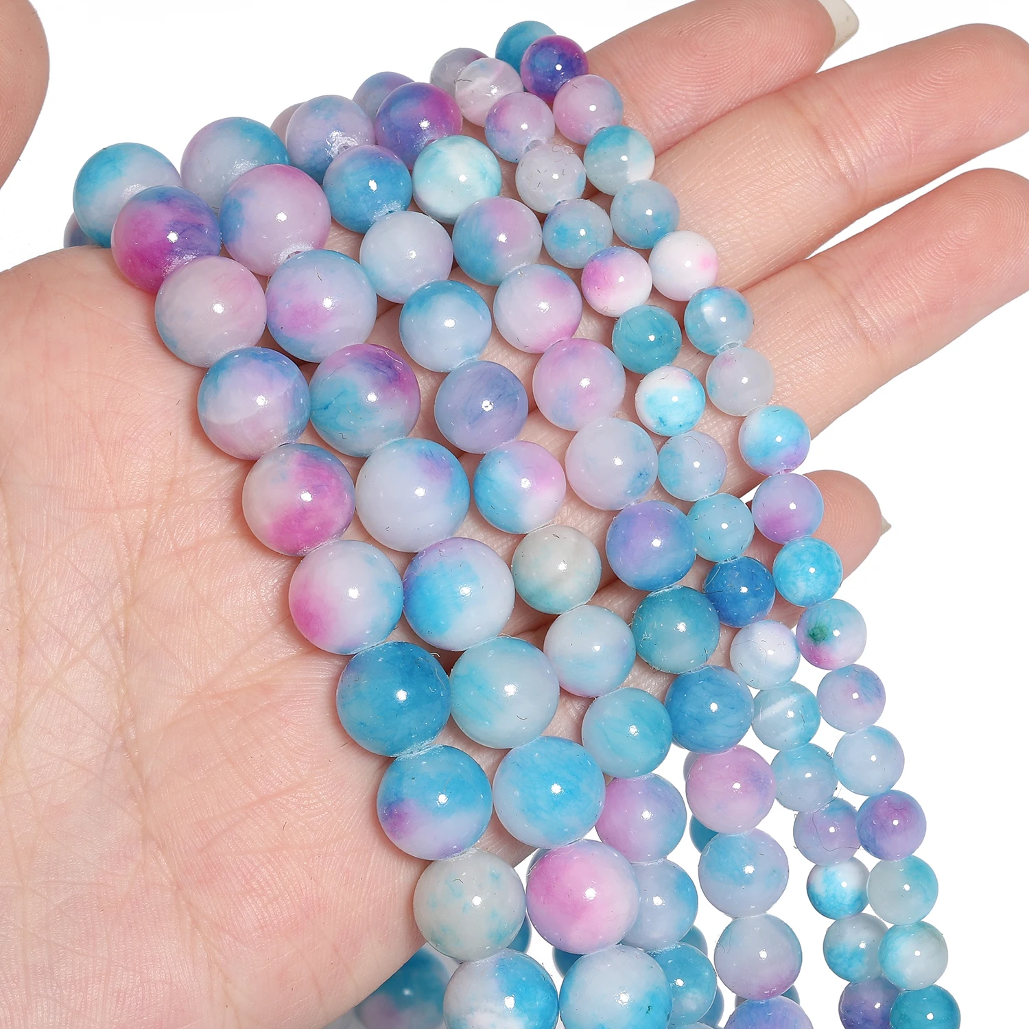 Natural Blue White Color Jade Stone Beads Round Smooth Charms Beads for Jewelry Making Handmade DIY Pendant Bracelet 6/8/10mm