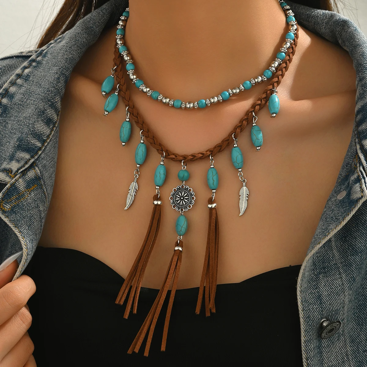 2 Piece Layered Turquoise Tassel Choker Necklace Western Boho Feather Pendant Brown Suede Summer Beach Jewelry for Women
