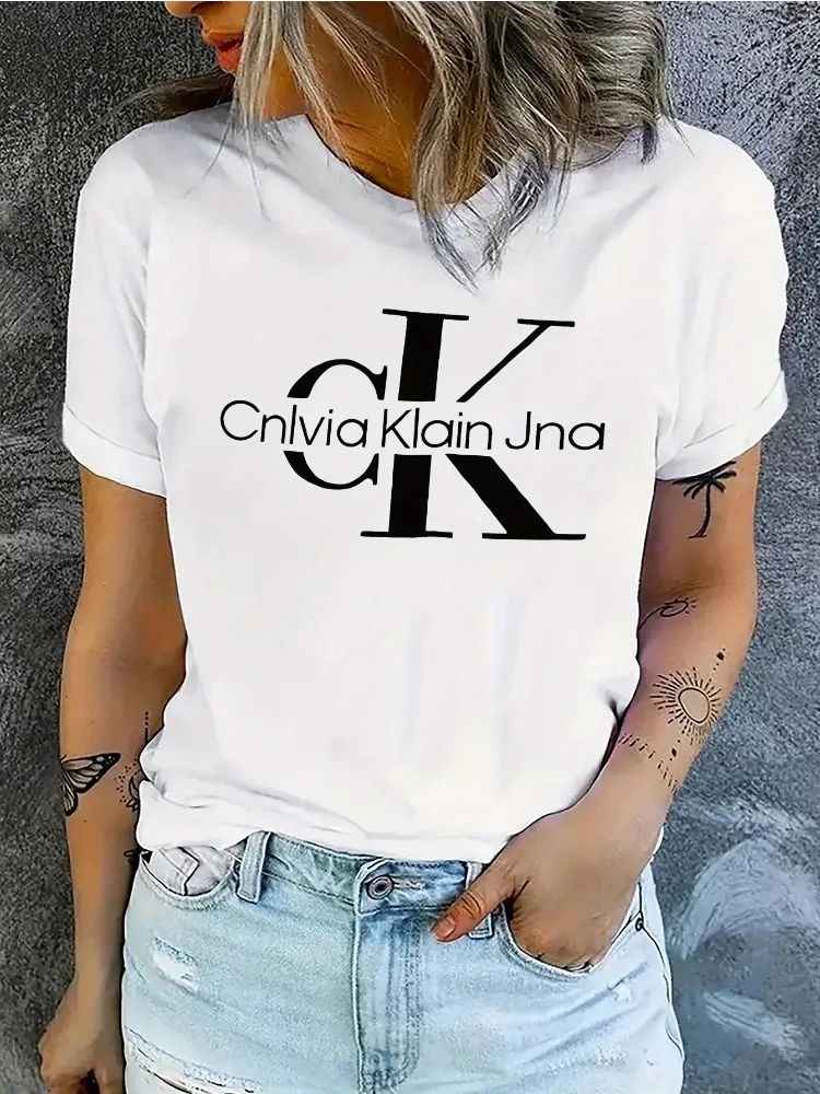 Camiseta con estampado CK para mujer, camiseta transpirable de manga corta con cuello redondo, ropa Harajuku cómoda y a la moda