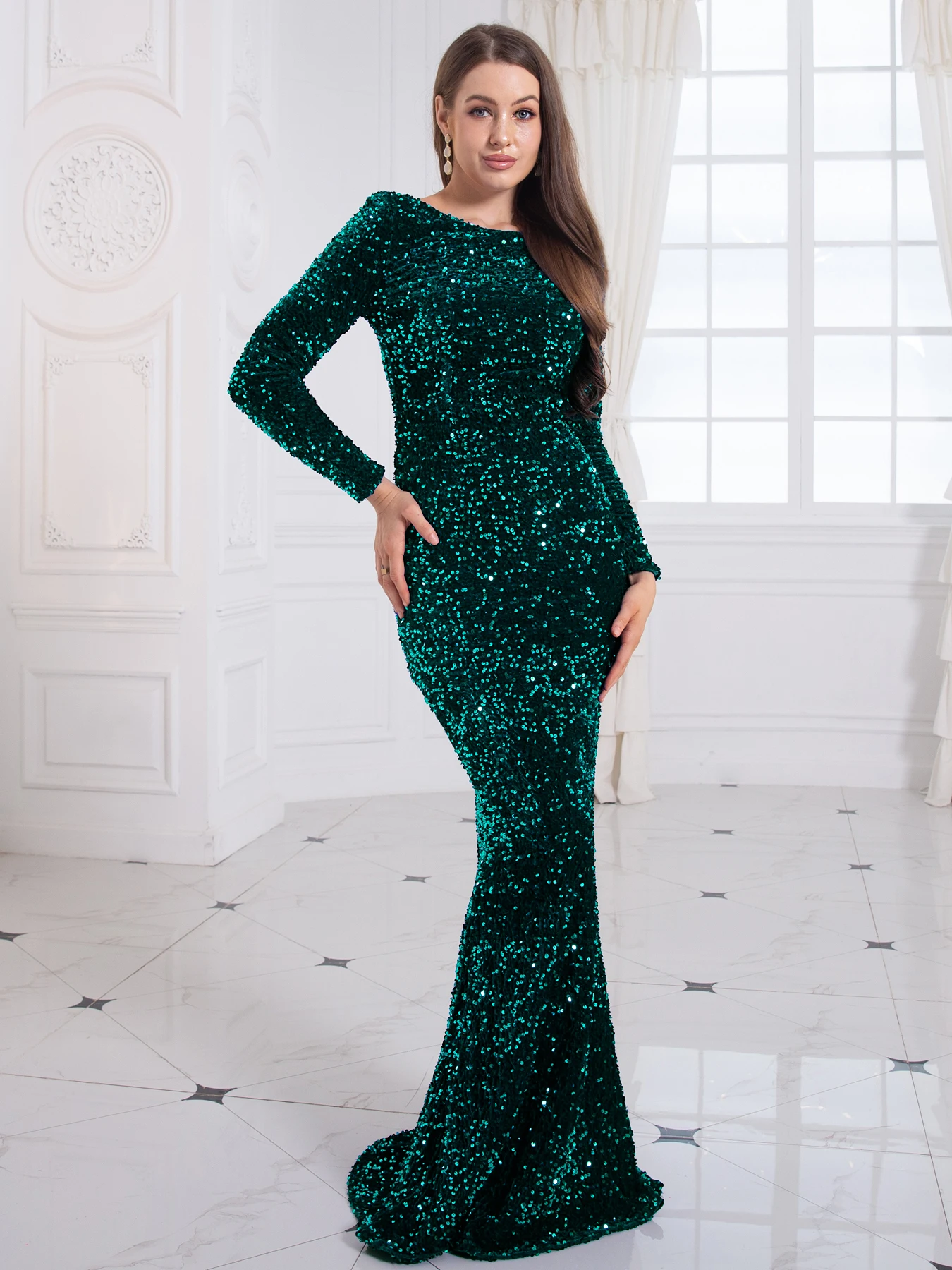 O Neck Sequined Velvet Evening Dress Formal Prom Gown Full Sleeved Long Maxi Dresses