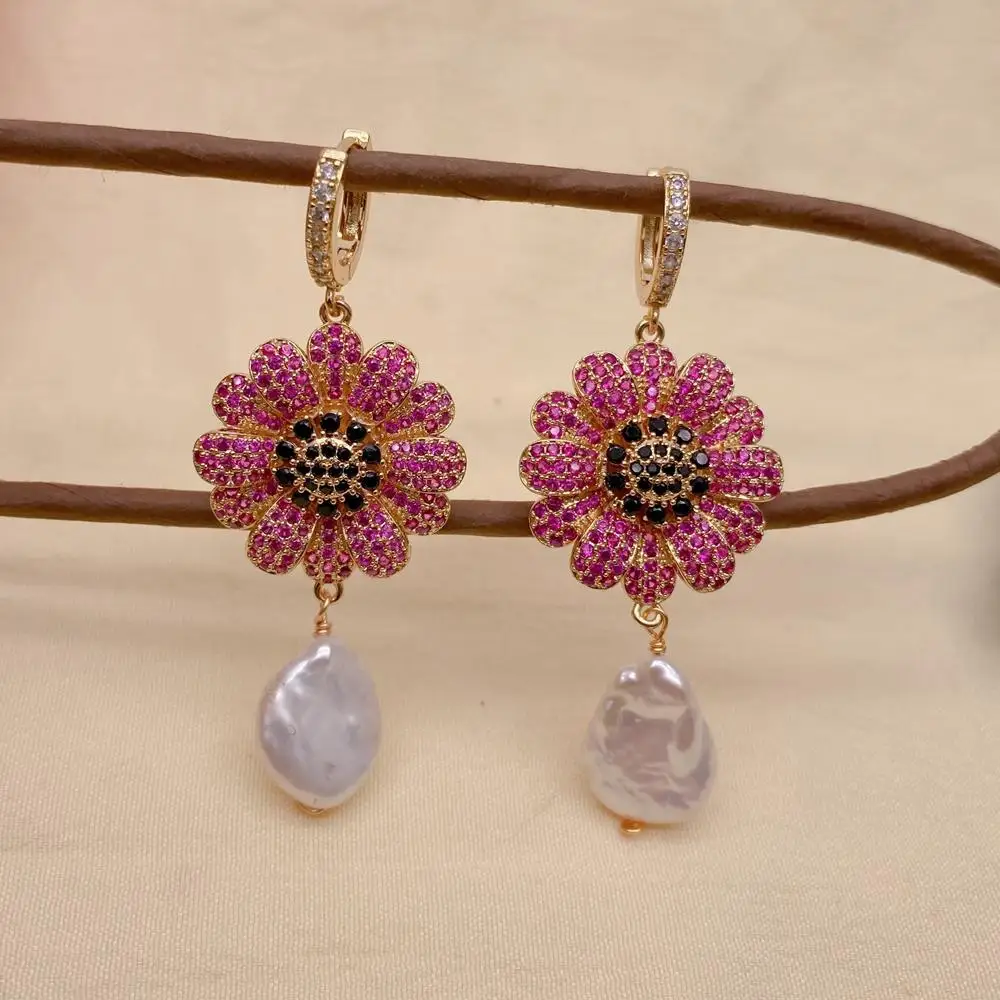 

Y·YING Cultured White Coin Pearl Fuchsia Cz Pave Flower Shape Dangle Hoop Earrings