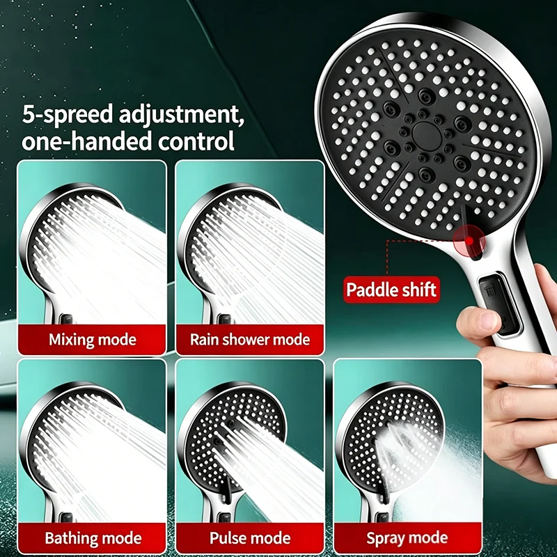 5 Modes High Pressure Shower Head One-Key Stop Water Handheld Boost Showerhead with Powerful Spray High Quality Bathroom Shower