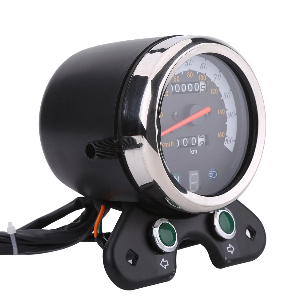 

DC 12V Motorcycle Instrument Dual Odometer Speedometer Meter Gauge with LED Indicator, Black, Aluminum + ABS Housing, 9.5mm