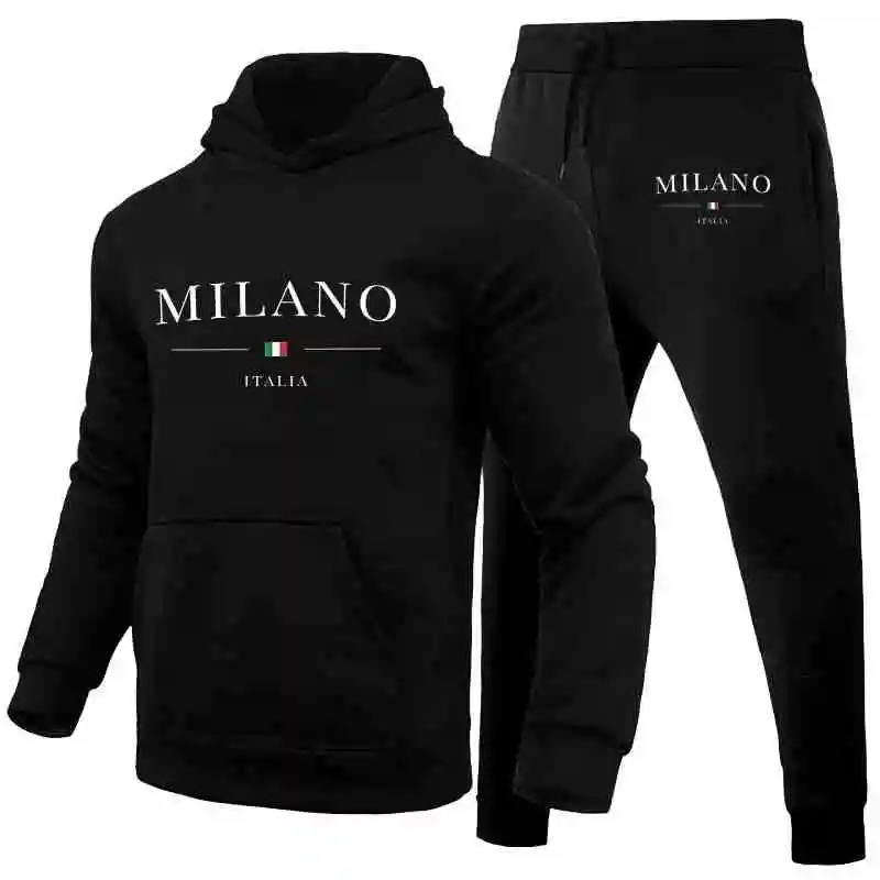 Men\'s Sports Hoodie Set Luxury Milan Print Sweatshirt Sweatpants Hooded Top Jogger Pants Casual Streetwear Sportswear