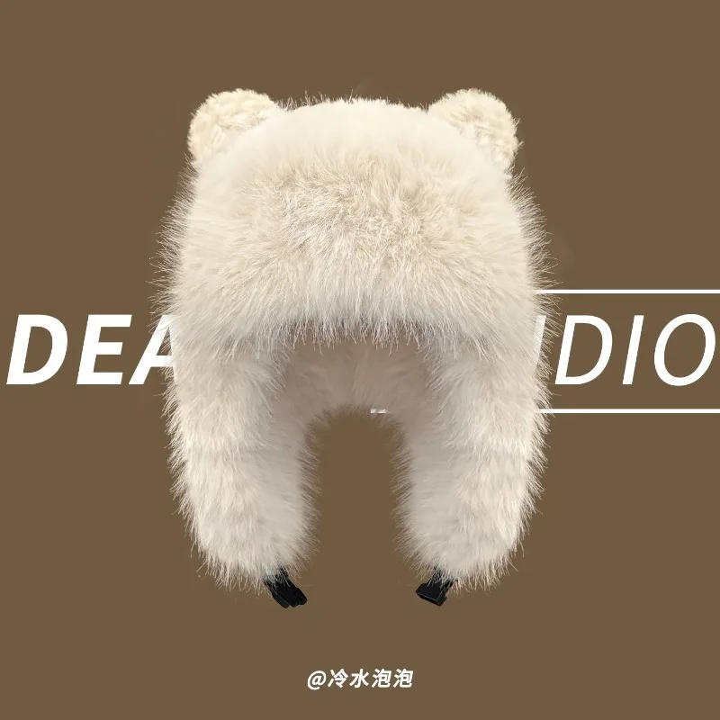 

Ins милые медвежьи уши плюшевые шапки-бомберы для женщин зимние утолщенные теплые шапки для показа лица маленькие милые универсальные защитные шапки для ушей пилота