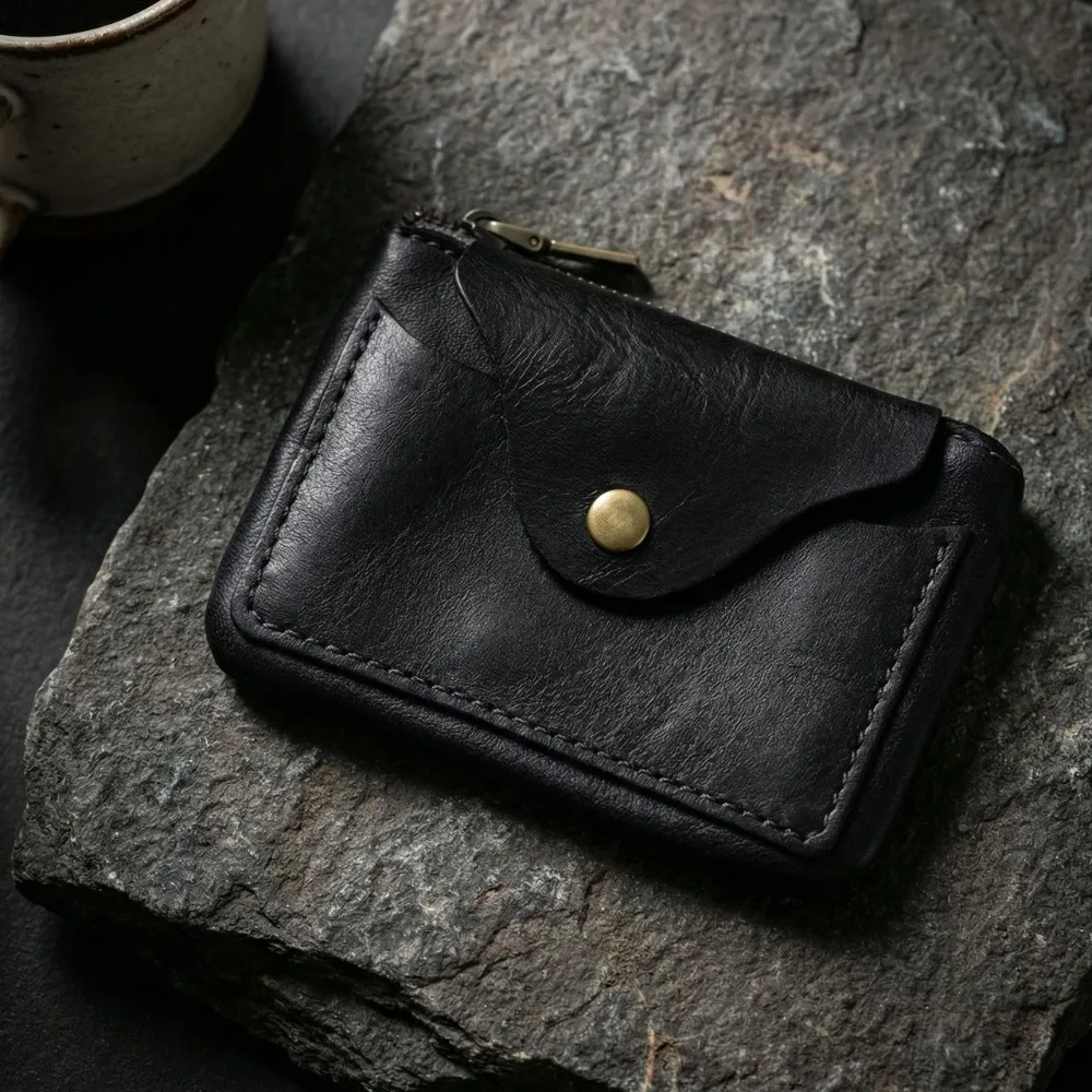 

Portable Vintage Leather Wallet Zipper Solid Color Small Coin Purse Snap Closure Credit Card Holder Travel