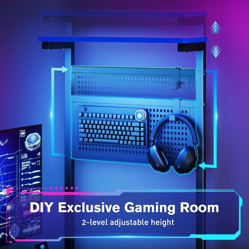 مكتب ألعاب مقاس 47 بوصة مع رف تخزين بإضاءة LED قابل للتعديل، ولوحة بيجبورد صغيرة يمكنك صنعها بنفسك، ودرج لألعاب الكمبيوتر وتنظيمها
