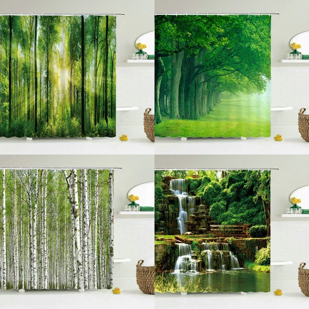 Modern Forest Shower Curtain Green Plant Tree Landscape Shower Curtain Bathroom Waterproof Bathroom Decor