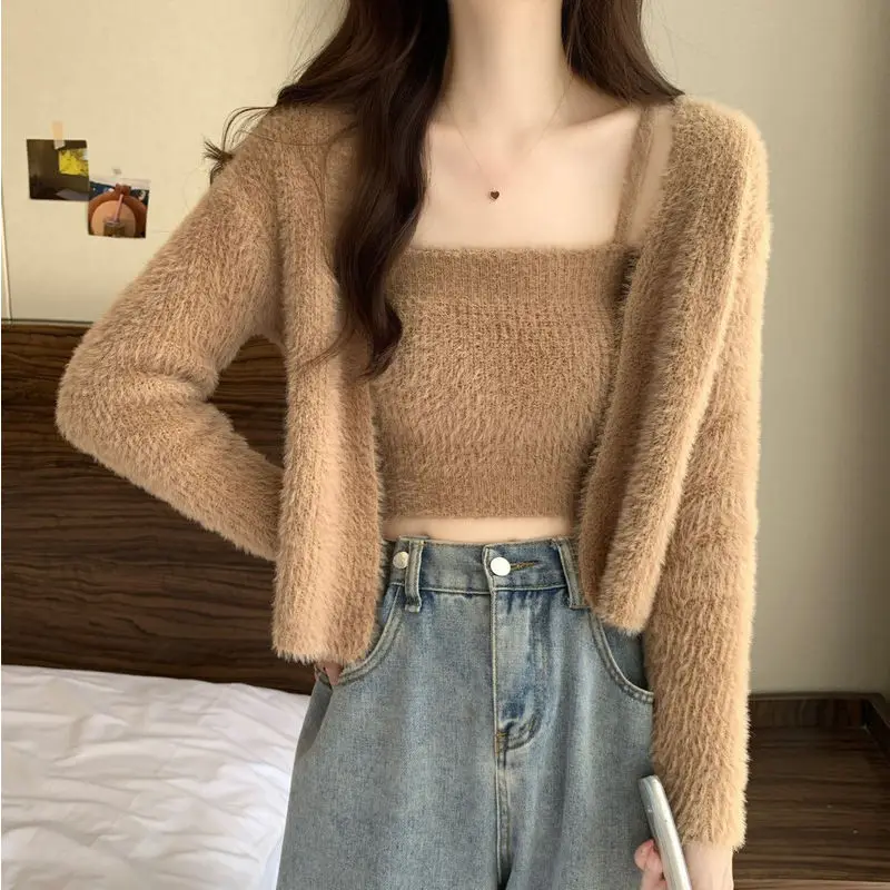 Sweet Two-piece Suit Ladies Camisole Tops Solid Color Autumn Winter Cardigan Coat Casual Sweaters Knitting New Women\'s Clothing