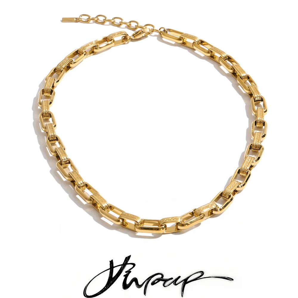 Yhpup Stainless Steel Heavy Industrial Statement Collar Necklace 18K PVD Plated Texture Metal Chain Trending Jewelry