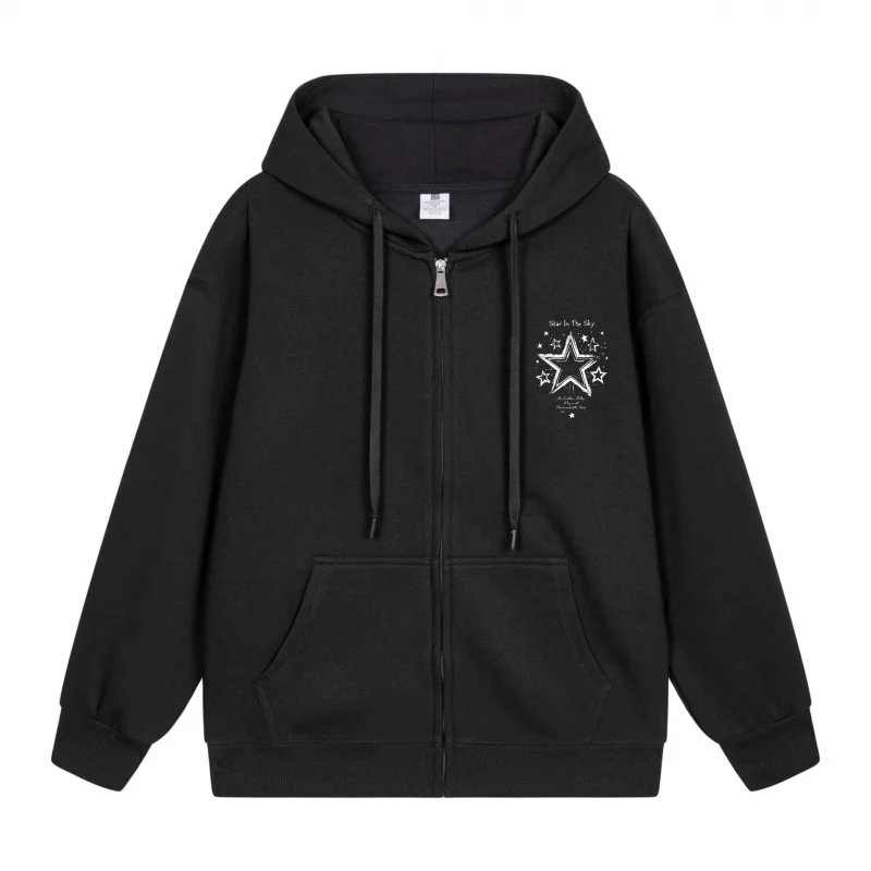 

Men's Zip-Up Hoodie Star Design On Black Hoodie 2025 New Style Casual Couples’ Style Casual and Loose