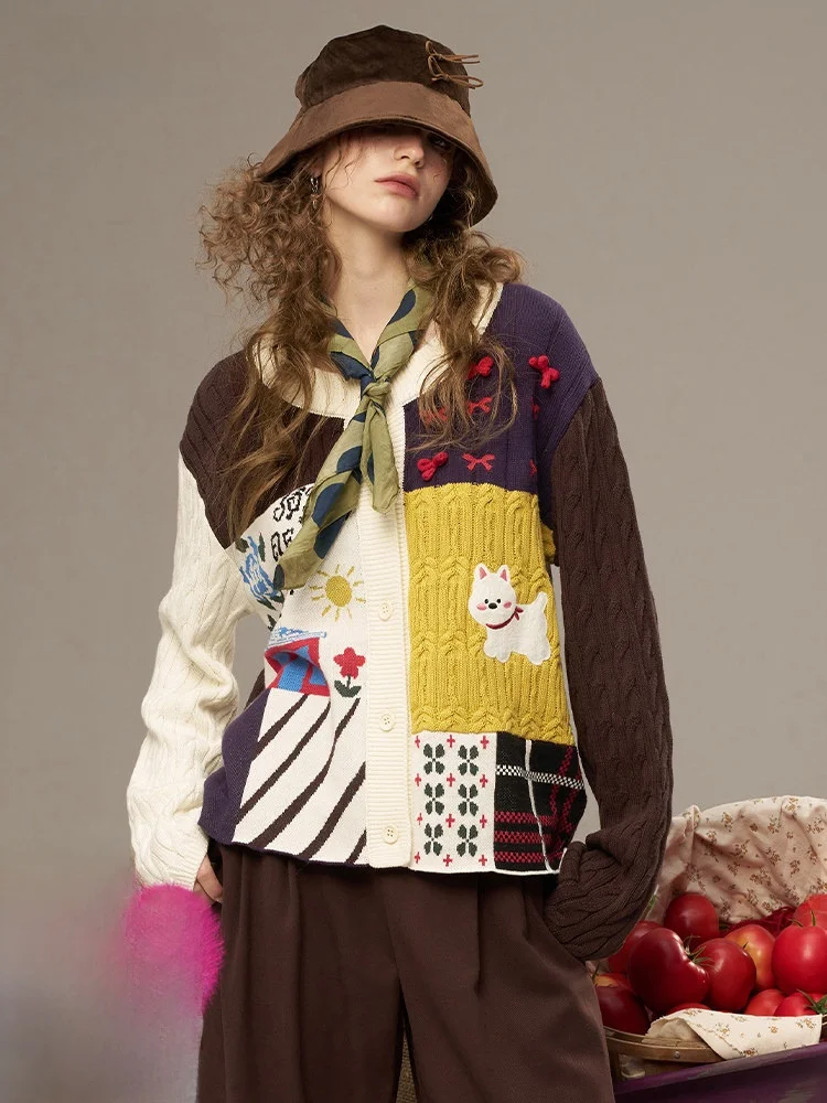 

00% хлопок, забавный лоскутный трикотаж, женский открытый кардиган, свитер Elf Sa, повседневный свободный крой, длинный све, круглый Ne