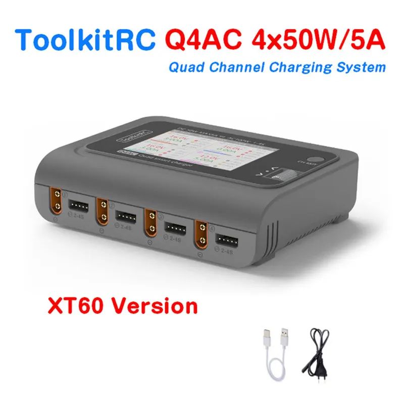 

ToolkitRC Q4AC charger XT60 Adapters IPS Bright With Clear Wide Angle Display 4x50w 5A AC 100W 4 Port DC Smart Discharger