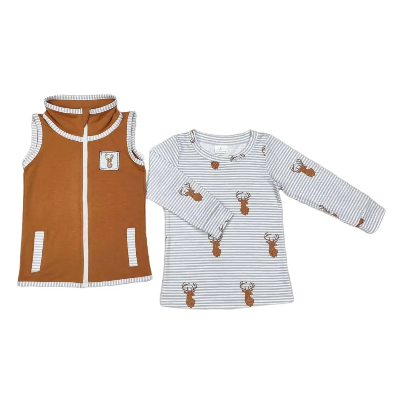 

Wholesale Baby Boy Long Sleeves Striped Shirt Toddler Pullover Kids Two Pieces T-shirts Embroidery Deer Vest Children Clothing