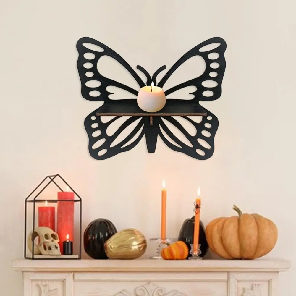 Sturdy Decorative Shelves Halloween Wooden Wall Shelf with Black Cat Bat Cutouts Bohemian Wind Wall Hanging Decorations for Home