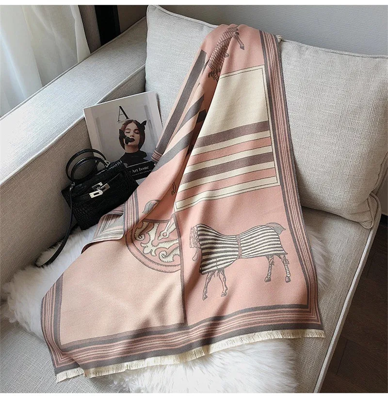 

Fashion Winter Scarf Women Cashmere Warm Pashmina Luxury Horse Print Scarves Wraps Thick Soft Bufanda Lady Shawls Hijab