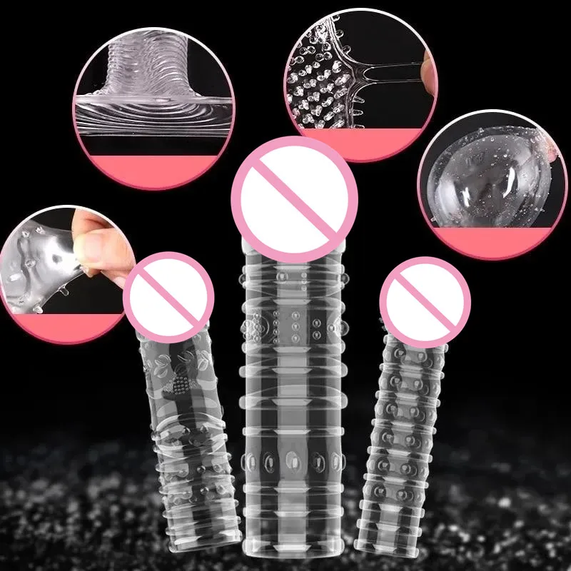 Reusable Condom for Men Penis Sleeve Extension Dick Enlargement Delay Ejaculation Spike Clit Massager Cover Crystal Condoms