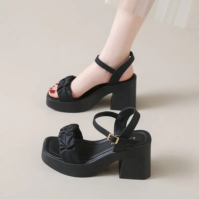 Ladies Shoes 2025 Open Toe Women's Sandals Fashion Pleated Dress Sandals Women Buckle Strap Platform Chunky Heels Ladies Shoes