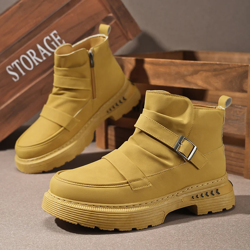 

Men's Autumn Versatile Platform British Style Work Boots, Outdoor Anti-slip and Wear-resistant High-top Boots