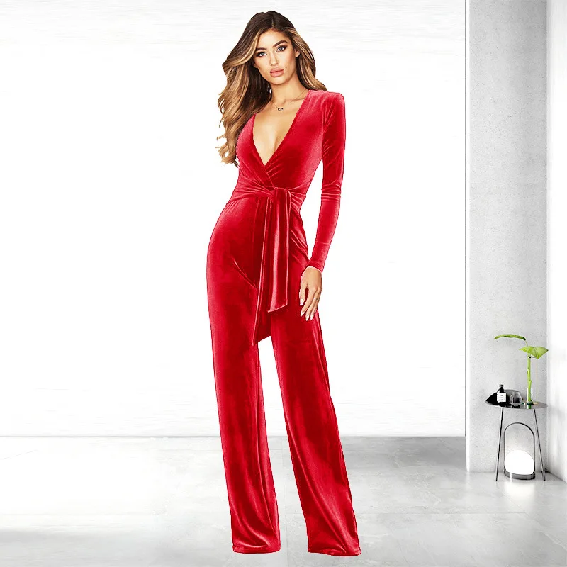 

2025 Autumn Solid Color Deep V Jumpsuit Independent Station Long Sleeve High Waist Wide Leg Jumpsuit Women Plus Size 3XS-3XL