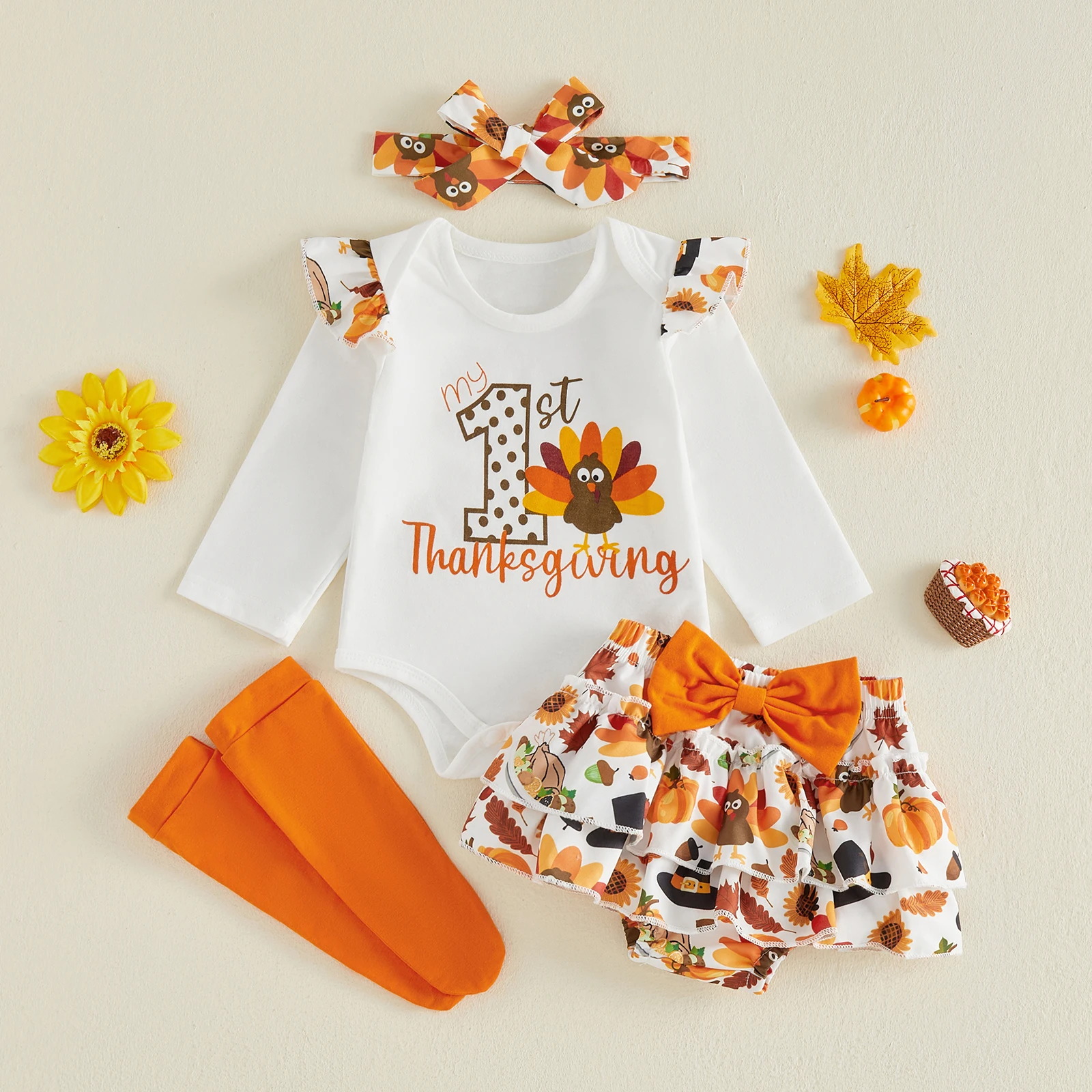 Baby Girls Thanksgiving Outfits Adorable Turkey Letter Print Long Sleeve Jumpsuit and Skort Socks Headband Set