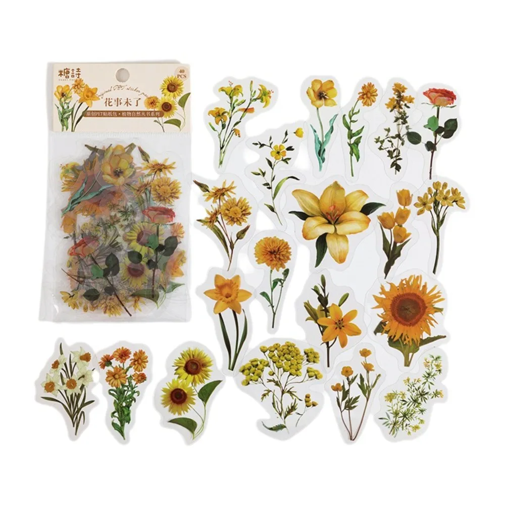 40Pcs DIY Vintage Butterfly Stickers Flower Design PET Plant Decorative Stickers Daisy Pattern Mushroom Pattern