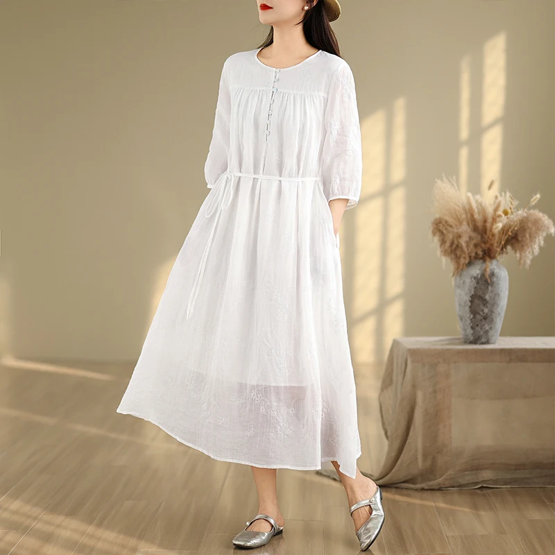 

Elegant Embroidered Slimming Midi Dress Casual Summer Travel Vacation Cool Cotton Gown Loose Fit round Neck Five Sleeve Long ...