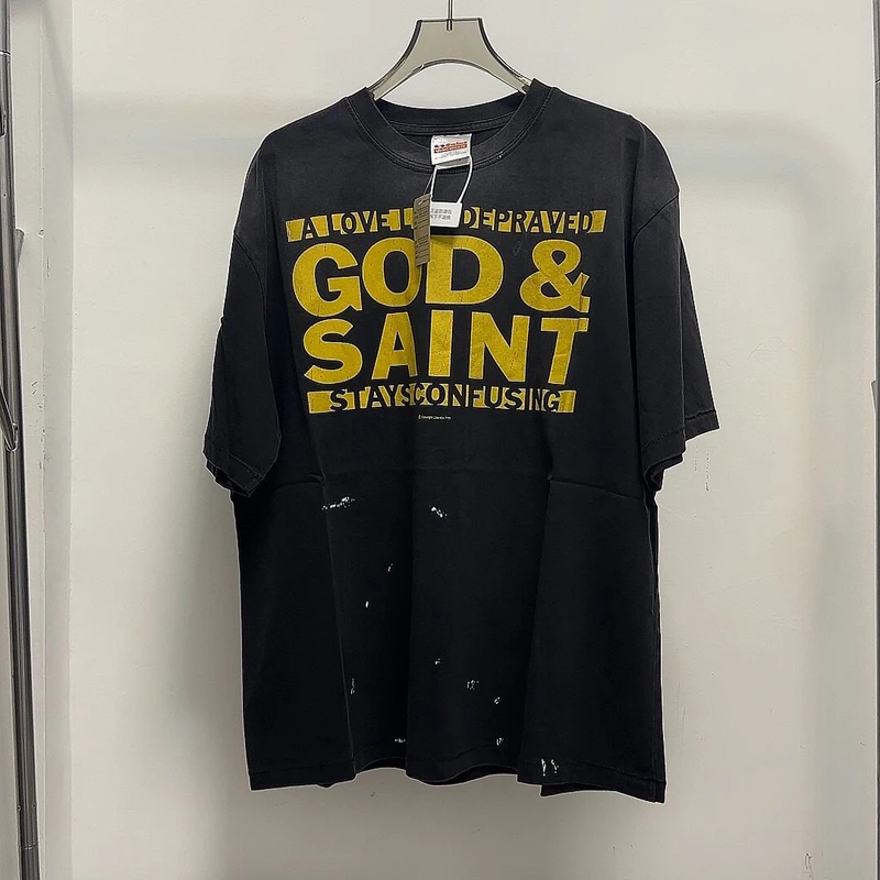 Vintage Washed Black Splashed Ink Summer Y2K Saint Tshirts Yellow Lettered  GOD Large Letter Print Short Sleeve Men Women Tees