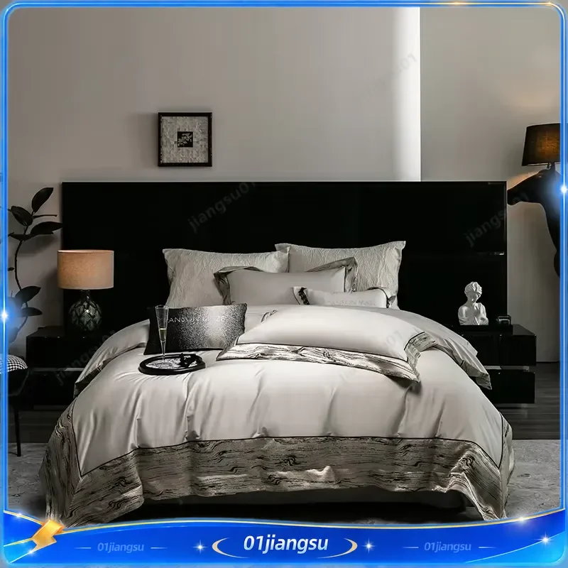 1000TC Egyptian Cotton Bedding Set Grey Luxury Embroidery Duvet Cover Ultra Soft Silky Sheet Pillowcases Home Textile