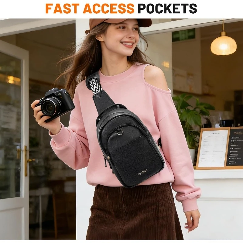 Cwatcun PU Leather Large Sling Crossbody Camera Bag For DSLR Mirrorless Cameras, Compatible Sony A7 Canon EOS R, Spacious Main