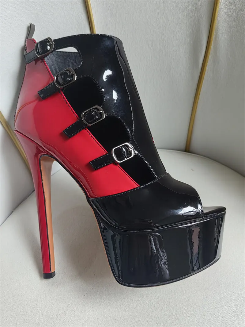 Women Platform Peep Toe Black Patent Leather Ankle Strap Ankle Boots Fashion Sexy Female Boots